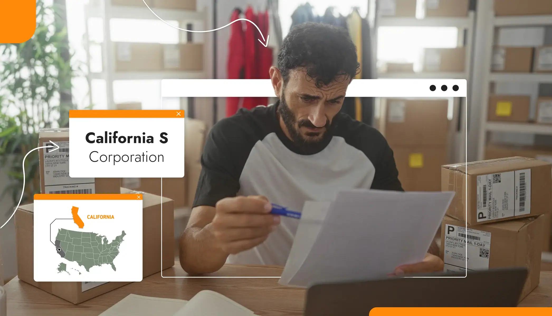 A man looking at papers and holding a pen in his hand California state map Text reads, "California S Corporation"