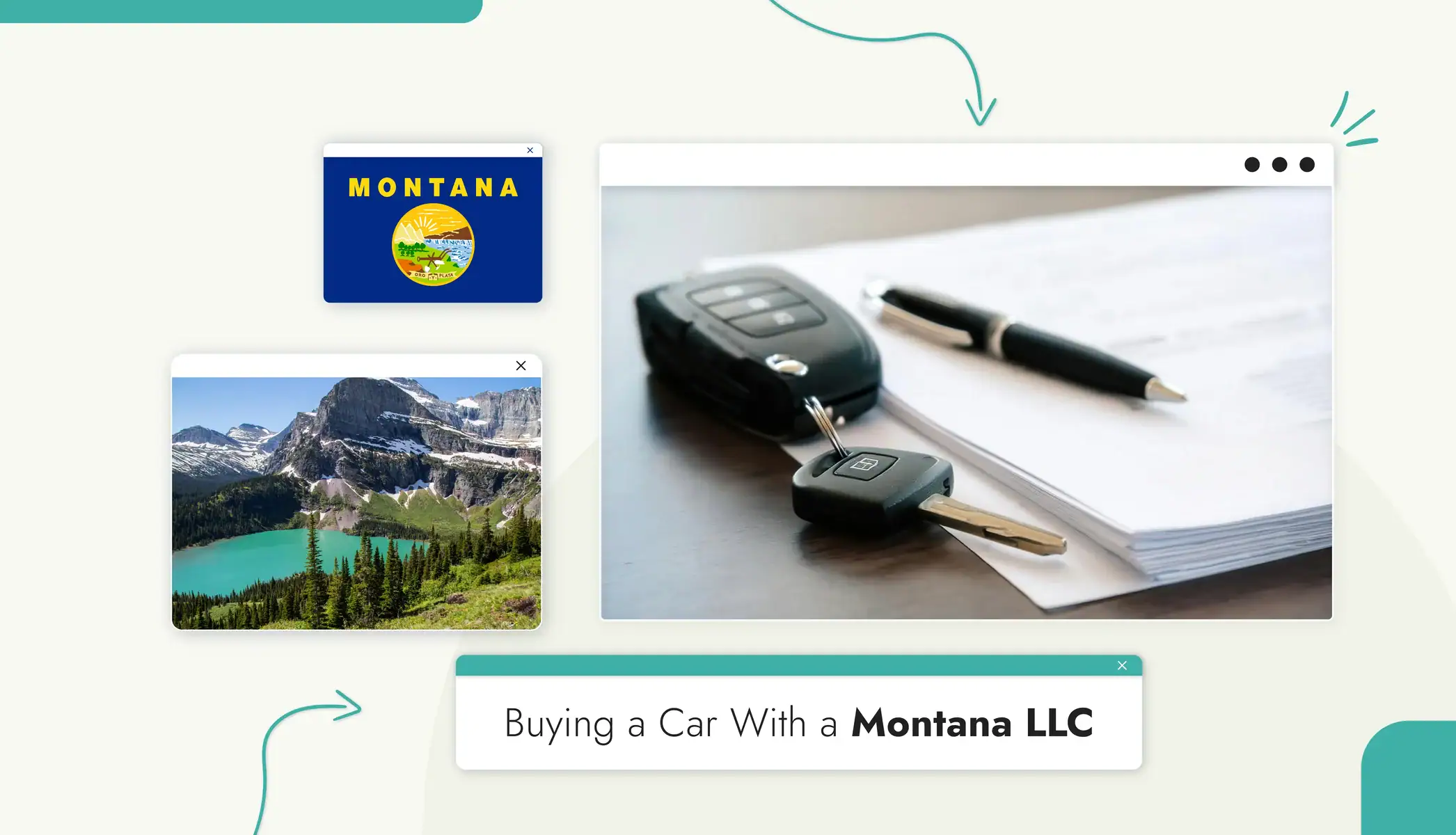 An image of car keys lying on top of forms with a pen Montana state map Scenic Montana mountain views Text reads, "Buying a Car with a Montana LLC"
