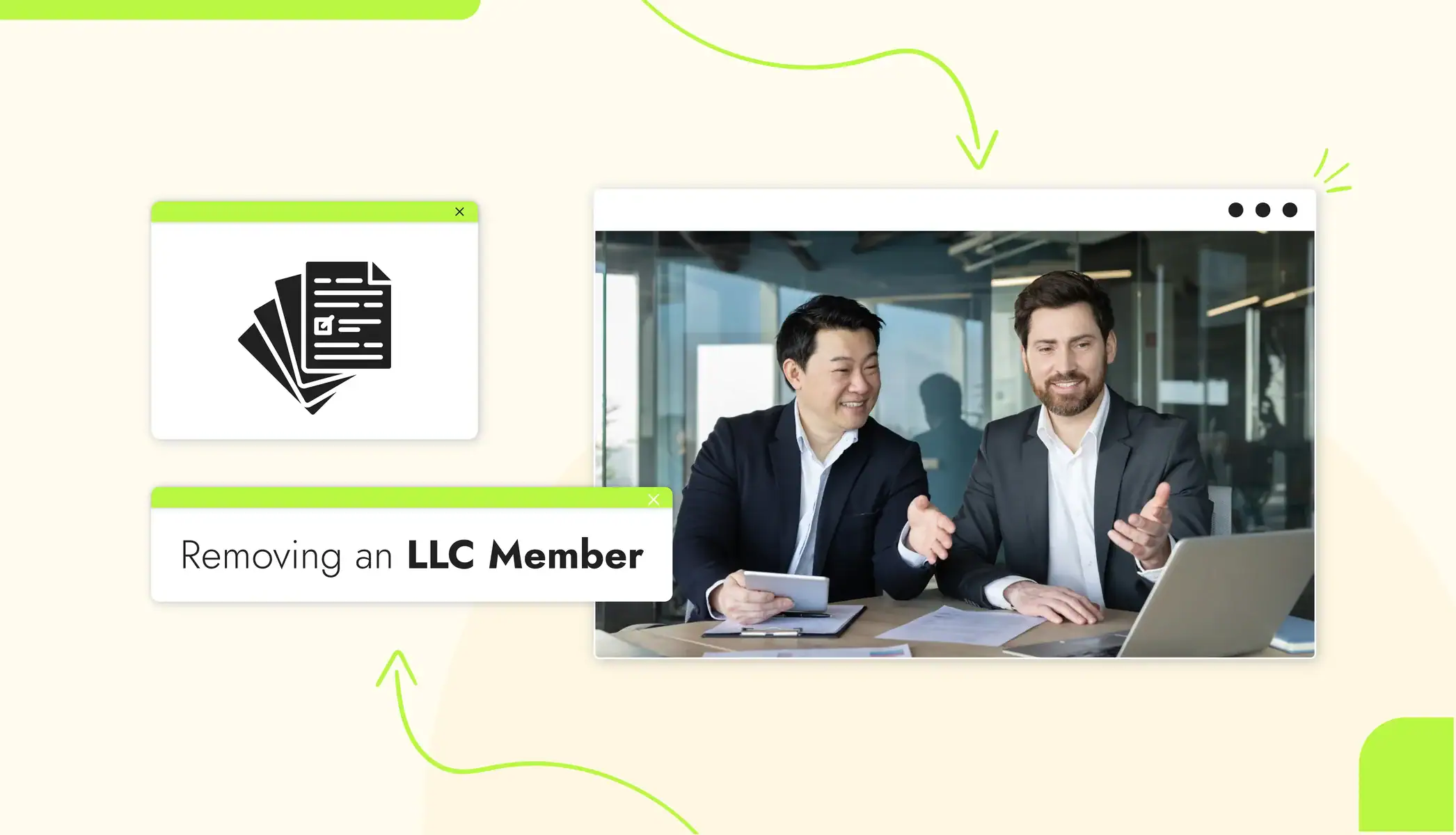 Two men in business suits talking to each other Text reads, "removing an LLC member"