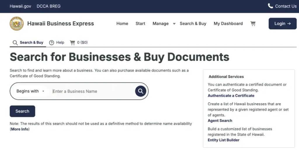 Hawaii BREG business search start screen