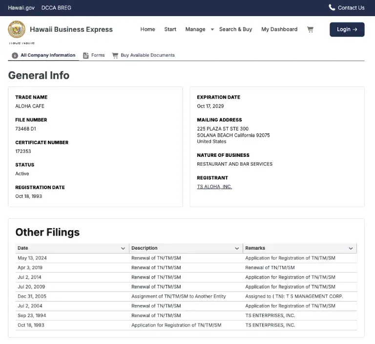 HAwaii BREG company information screen
