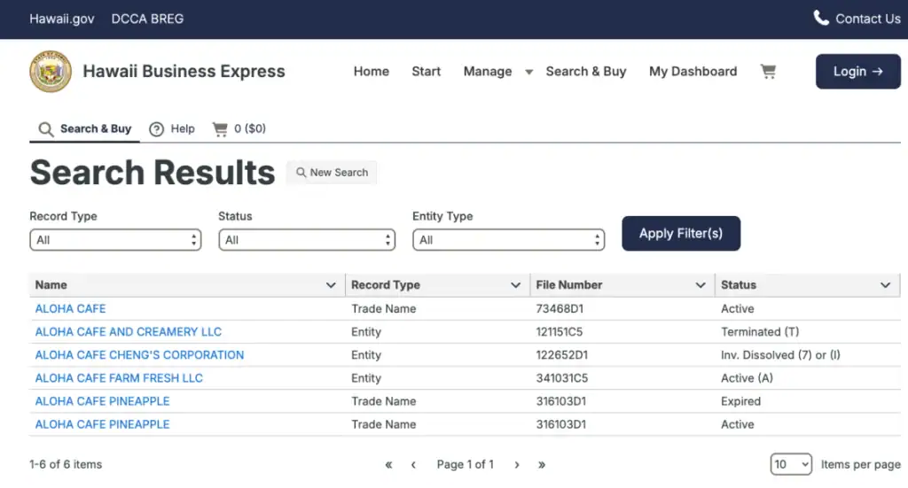 Hawaii BREG business search results screen